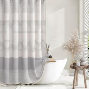 Awellife Farmhouse Grey Shower Curtain for Bathroom Linen Texture Stripe Tassel Shower Curtain 72 X 78 Inches Neutral