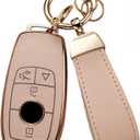 Key Fob Cover for Mercedes Benz with Key Chain, Upper Leather + Soft TPU Key Cover Case Shell for Mercedes C E S GLC CLE EQE EQS 300 350 450 500 560 580 AMG (Pink)