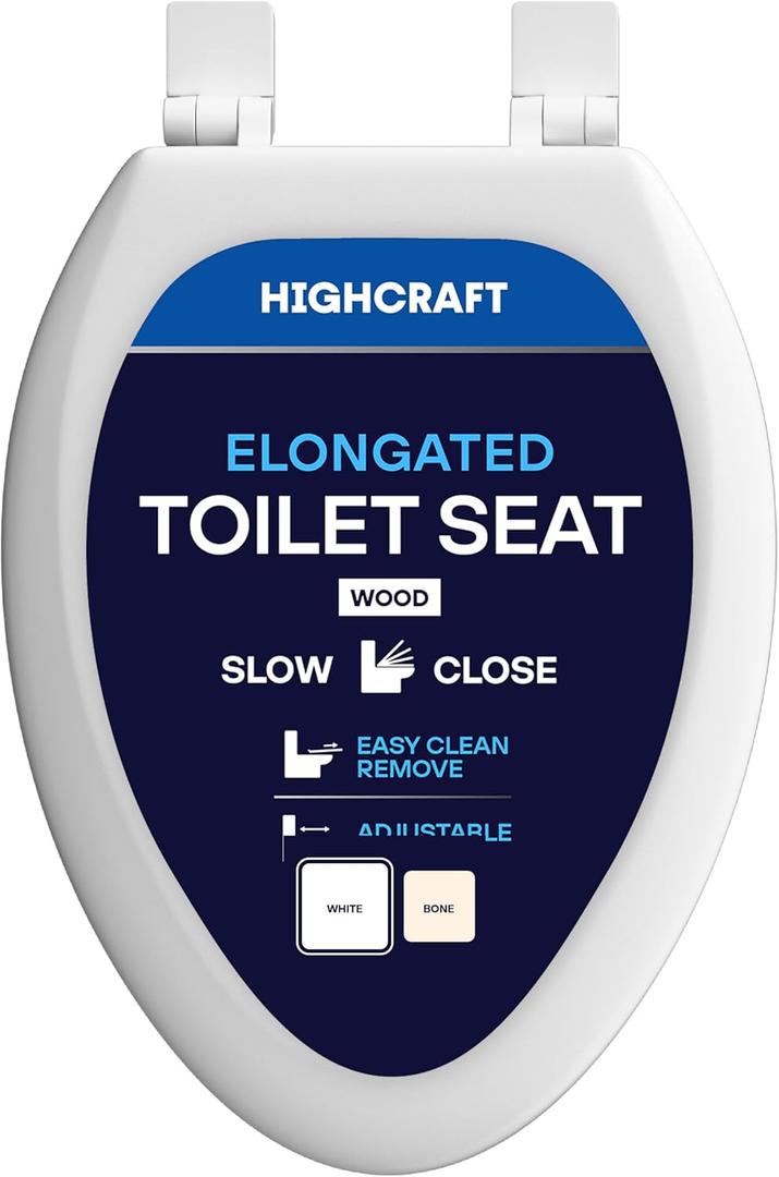 Highcraft W4TSWE Elongated Molded Wood Toilet Seat Slow Close ∙ Easy Remove ∙ Adjustable Hinge, White