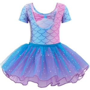 Zaclotre Girls Ballet Leotards Short Sleeve Bow Back Tutu Ballerina Costume Toddler Dance Dress Outfit Combo (4-5T, Pink Blue Mermaid)