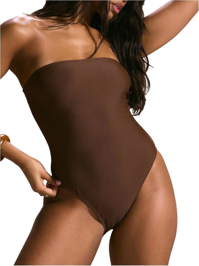WDIRARA Women's One Piece Swimsuit Strapless Bandeau Bathing Suits Tummy Control Swimwear (Large, Coffee Brown)