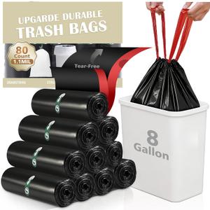 80 Counts 8 Gallon Trash Bag Drawstring Small Trash Bags, Thick Pre-separated Garbage Bags, Trash Bin Liners, Suitable for bathroom, kitchen, bedroom, office (Black)