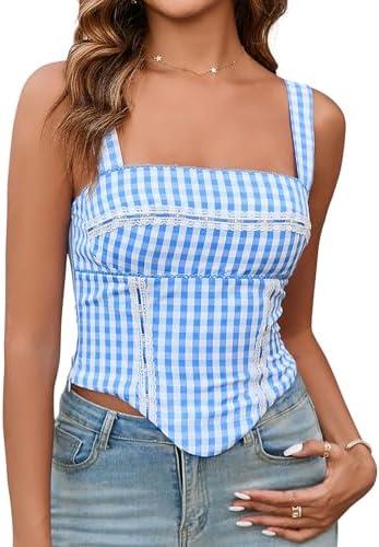 KUTUMAI 2025 Summer Gingham Bustier Sexy Square Neck Sleeveless Tank Top Going Out Corset Top for Women L