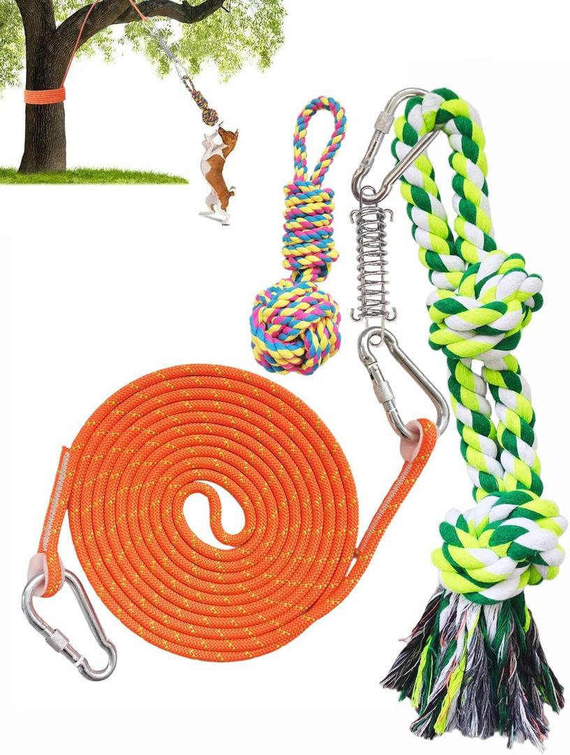 Dog Outdoor Hanging Bungee Tug Toy, Spring Pole Tether Tug Dog Toy for Large Medium Aggressive Chewer, 17FT Tree Tugger Pull Rope Interactive Toy, 2 Dog Rope Toys