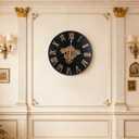 24 Inch Black Large Round Vintage Industrial Wall Clock with Real Moving Gears, Black Roman Numeral, Battery Operated, Silent, Farmhouse Decor for Home, Office, Living Room, Bedroom