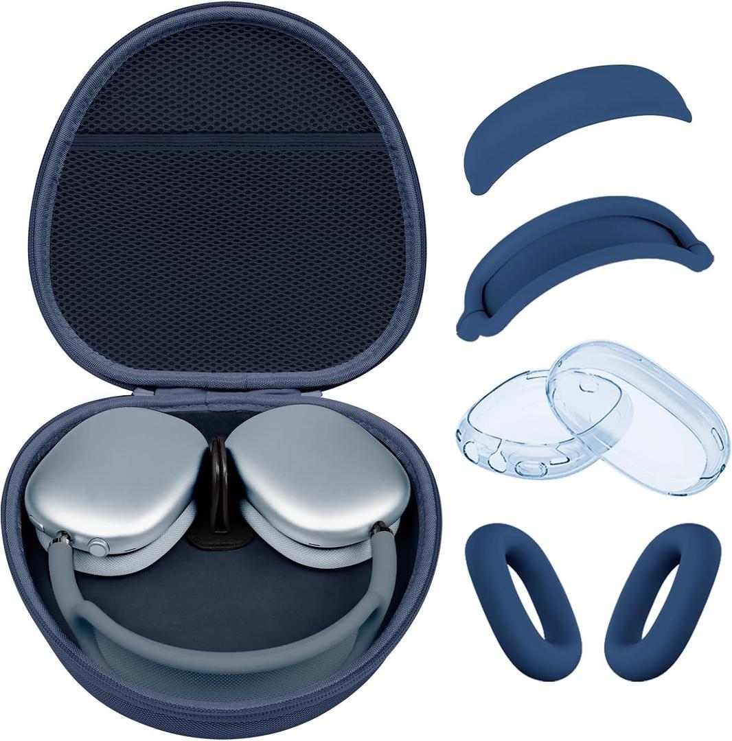 Hard Case for AirPods Max 2 Supports Sleep Mode, Travel Carrying Headphone Case with AirPods Max 2/1 Clear Ear Cups Cover/Silicone Earpad Case/Headband Cover, Protective Portable Storage Bag, Blue