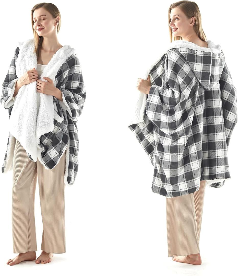 Wearable Heated Blanket - Warm Up Electric Blanket Hoodie with 6 Heat Levels, Snuggies for women, gifts for her, 50"x60", Black White Plaid