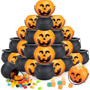 Liliful 72 Pcs Halloween Mini Pumpkin Bucket Jack O Lantern Witch Cauldron Small Spooky Halloween Candy Cauldron Pot Portable Pumpkin Buckets for Party