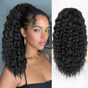 Ponytail Extension,Curly Drawstring Ponytail Extension for Black Women Natural Black Curly Clip in Hair Extensions 18 Inch Synthetic Hairpiece for Daily Party (1B)