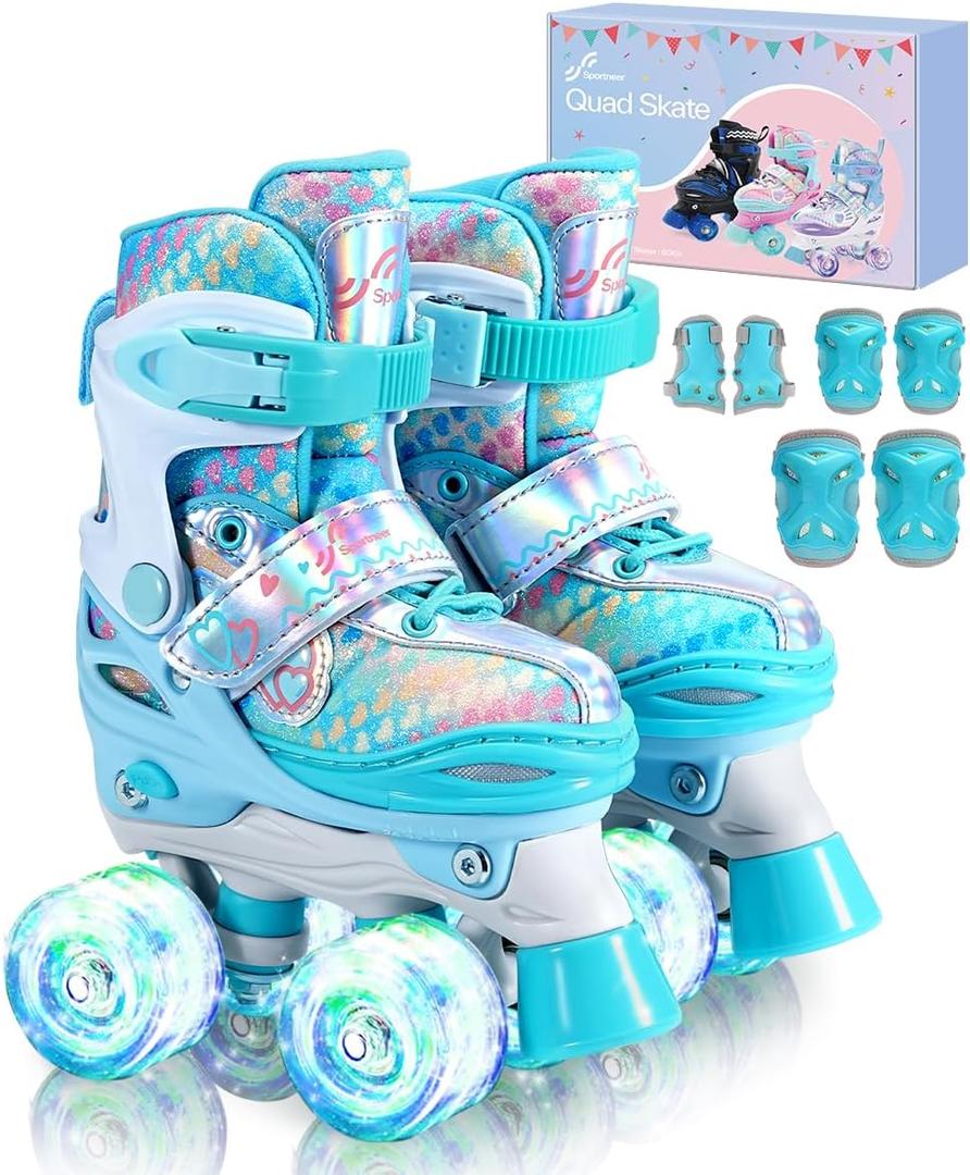 Children's Adjustable Roller Skates, Size 26-37 with 6 Children's Protectors Set and LED Luminous Wheels for Girls