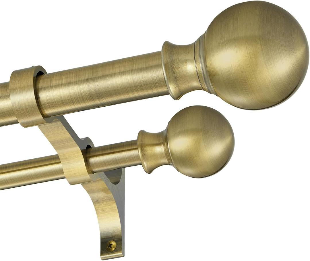 Double Curtain Rods 36-72 Inches with Round Finials, 1 Inch Heavy Duty Drapery Rod with Unique Aluminum Alloy Brackets for Windows, Sliding Door, Patio, Bedroom, Living Room Decoration, Antique Bronze