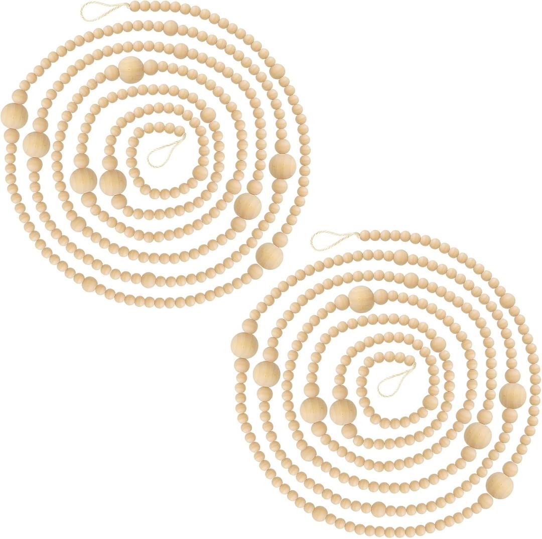 2PCS Christmas Wood Beads Garland 24 Feet Wooden Bead Garland Boho Ornaments for Christmas Tree, Xmas Vintage Rustic Farmhouse Round Craft Bead Hanging Holiday Decorations(12 Feet/1Pcs)