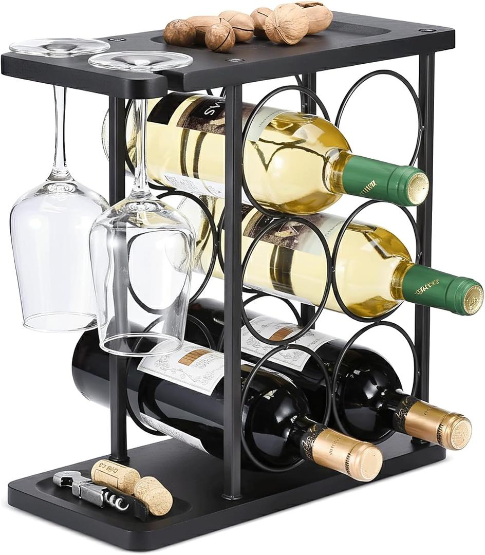 ALLCENER Modern Rack Countertop, Matte Black 6 Bottle Rack with Glass Holder, Metal Holder Stand with Shelf & Corkscrew Tray for Home Bar & Kitchen