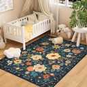 DUKINO 4x6 Area Rug, Lightweight Non Slip Washable Floral Rug, Indoor Low Pile & Non-Shedding Boho Design Rugs for Bedroom, Living Room, Dining Room, Dark Blue