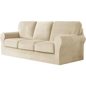 7 Piece Stretch Velvet Ektorp Sofa Covers, for 1 Base Cover, 3 Cushion Couch Cover and 3 Backrest Cover, for Living Room Furniture (Beige, 3 Seat, 7 PCS)