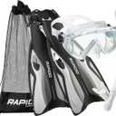 Phantom Aquatics Rapido Boutique Collection Clareza Three Window Tempered Glass Lens Mask Fin Snorkel Set with Snorkeling Gear Carry Bag (S/M, US: 6-9 / EU: 38-42, White)