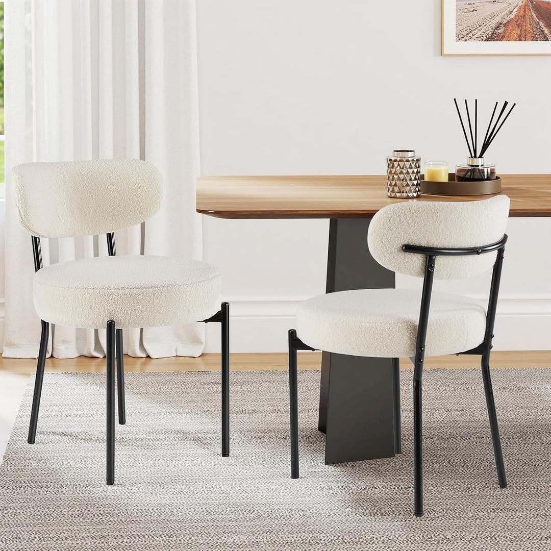 Sweetcrispy Dining Chairs Set of 2, Boucle Upholstered Modern Mid Century Round Kitchen Chairs with Curved Backrest & Metal Legs for Vanity, Living Room - Beige