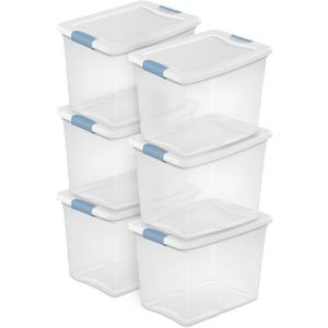 6 x Sterilite 6-Pack Latching Box, Under Bed Storage Bins with Lids, Clear Plastic, 25 Quart - Heavy-Duty Organizing Containers for Closet, Bathroom, and Office