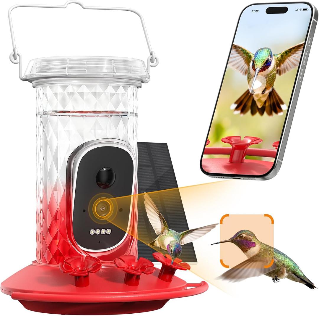 Smart Hummingbird Feeder Camera with AI Identification, 2.5K HD & Color Night Vision, Solar Powered Outdoor, IP66 Weatherproof Garden Decor