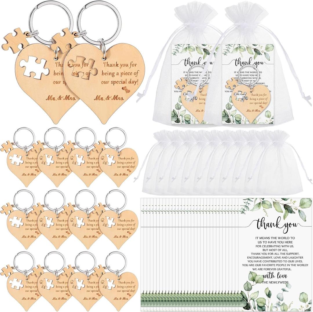 Wedding Favors for Guests Wood Heart Puzzle Keychains Thank You Cards Gift Bag Bridal Shower Souvenir Gifts(150 Set)