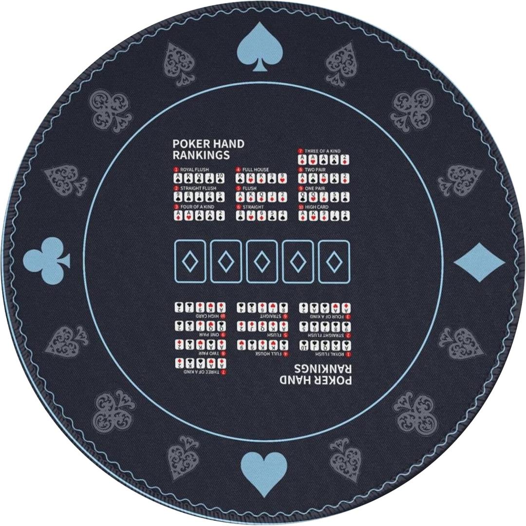 AQQA 47-Inch Round Poker Table Mat with Hand Rankings - Waterproof & Durable Texas Hold'em Mat, Foldable Poker Game Mat for Home Games, Tournaments, Card Nights (Foldable Design)
