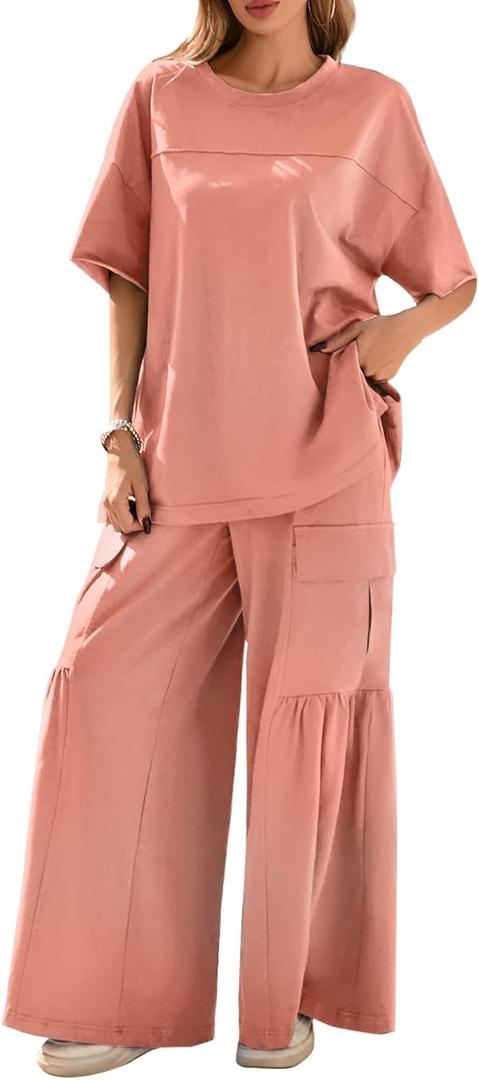 CHERFLY Women's 2 Piece Outfits Casual Lounge Sets Loose Short Sleeve Top Wide Leg Pants with Pockets Fashion Tracksuits Trendy 2025 (Blush Pink, L)