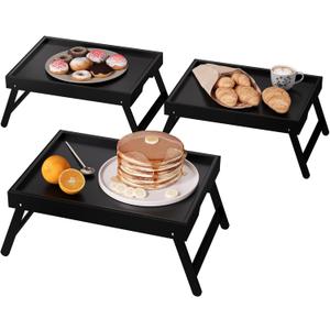 VERTORGAN 3 Pack Bamboo Bed Tray Table with Folding Legs, Breakfast Trays, Serving Tray, Laptop Tray for Working, Food Snack Tray for Bed and Sofa(Black)