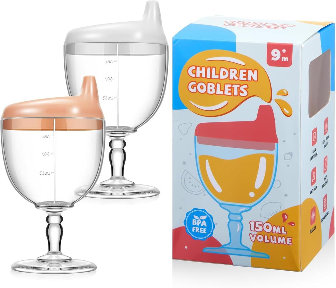 Lallisa 2 Pack Baby Wine Sippy Cup Spill Resistant Wine Glass Sippy Cup for Toddlers Stemware Design Baby Bottle Glass Plastic Goblet with Lid for Kids Daily Birthday Party(Pink, White)