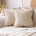 MIULEE Corduroy Decorative Euro Sham Pillow Covers 24x24 Inch with Splicing Set of 2 Super Soft Boho Pillow Covers Broadside Throw Pillows for Couch Livingroom Beige