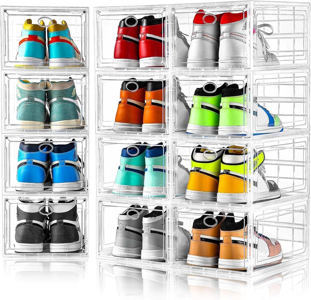 Amllas 12 Pack Clear Shoe Boxes Stackable,Shoe Storage Boxes for Closet,Sturdy Shoe Box Storage Containers with Clear Door,Sneaker Storage,Easy to Assemble,Fit up to US Size 12(13.8x 9.84x 7.1)
