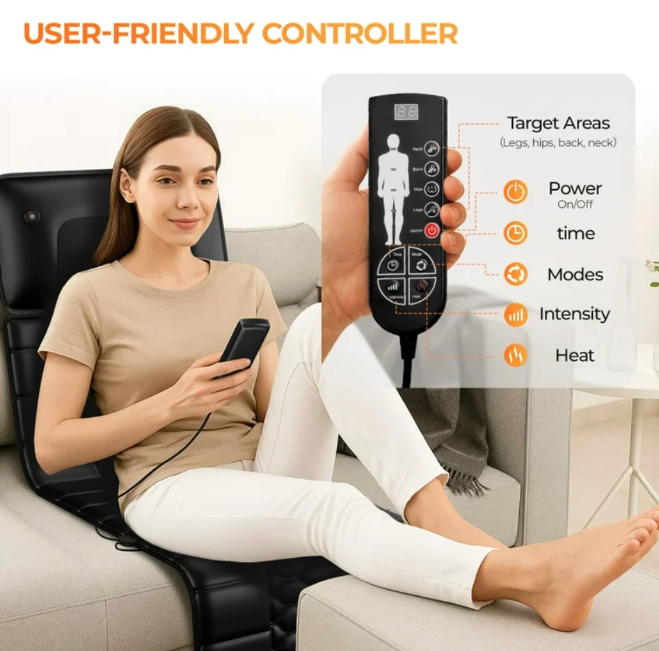 HOMEMASSA Massage-Mat, Detachable Neck Massager, Full Body Vibration Heating, Massage Pad with 10 Vibrating Motors and 9 Speed Settings for Home Office Use, Black