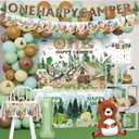 One Happy Camper Birthday Decorations 109Pcs Camping 1st Birthday Party Supplies Camp Themed Balloon Garland with Balloon Box Backdrop Monthly Photo High Chair Banner Cake Topper Cutout Crown Poster