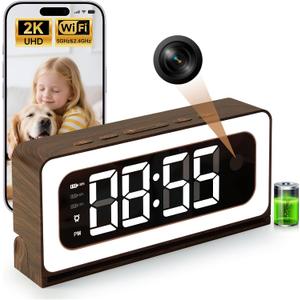 Clock Camera,Wood Grain,5G/2.4GHz WiFi Nanny Cam w/Alarm,2K Indoor Secuirty Camera,Color Night Vision,Dimmable Night Light, AI Human Detection,5200mAh Rechargeable Battery,SD & Cloud Storage,Pet,Baby