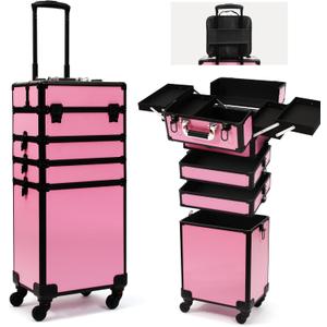 Particle Rolling Makeup Train Case Professional Cosmetic Trolley Large Storage Organizer with Key Swivel Wheels Salon Barber Case -Extra Portable Cosmetic Bag, Pink