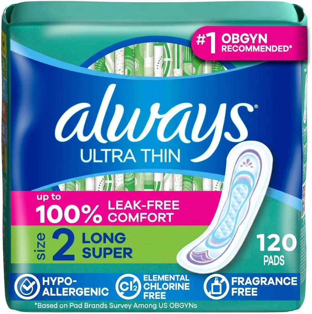 Always Ultra Thin Feminine Pads Without Wings for Women, Size 2, Long Super Absorbency, Unscented, 40 Count x 3 Pack (120 Count Total)