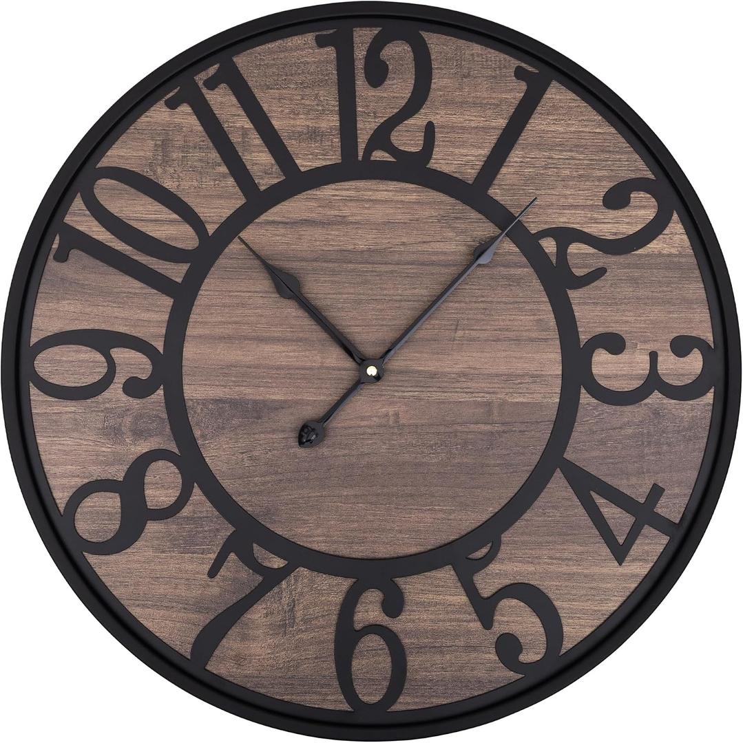 LEIKE Large Wall Clocks for Living Room,Non Ticking Silent,Battery Operated Big Round Modern Wood Wall Clock for Bedroom,Farmhouse,Office,Vintage Home Decor-24 Inch/60CM-Black-Arabic Number