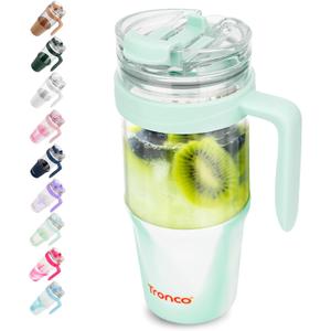 Tronco 40oz Glass Tumbler with Straw and Lid, Leakproof Flip Straw Glass Tumbler with Handle, Glass Water Bottles Fit in Cup Holder, BPA Free, Dishwasher Safe (Mixed Light Green)