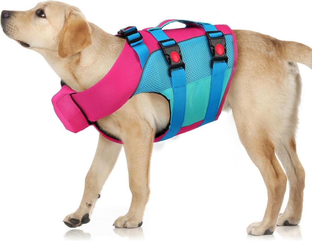 ASENKU Dog Life Jacket - Pet Safety Vest for Swimming & Boating, Shark Life Jacket with Floatation, Dog Lifesavers Swimsuits for Small Medium Large Dogs (Pink-Blue, L)