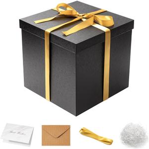 Mefleet Large Gift Box with Lid for Presents 12x12x12 Inches Extra Big Deep Square Black Boxes 1 Pack for Christmas, Birthday, Valentine's Day, Mother's Day - Contains Crinkle Paper, Ribbon and Card