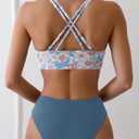 Fanuerg Women's Sexy V Neck Bikini Sets Hollow Out Two Piece Swimsuits Cutout Mid Waist Bathing Suit (Blue, M)