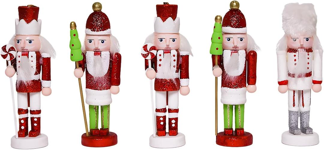 5PCS Christmas Decorations Nutcracker Ornament,5 inch Wooden Soldier Decor Xmas Tree Hanging Nutcracker Soldier Set for Tree Table Decor Gifts.
