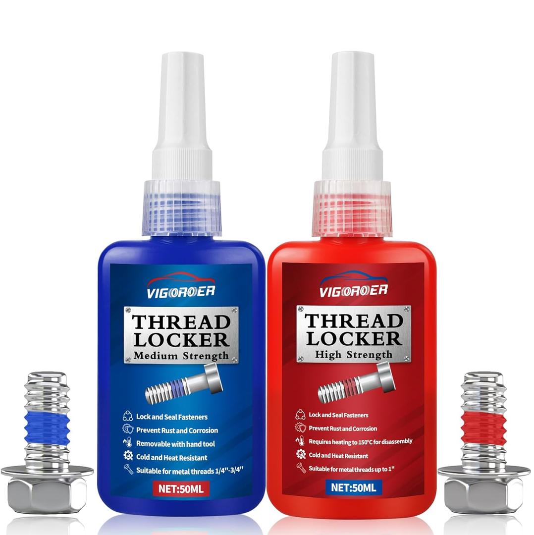 Thread Lock Medium and High Strength, Thread Locker for Nuts, Bolts, Fasteners and Metals to Prevent Loosening and Leakage, Blue and Red
