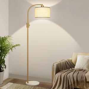 Nintiue Upgraded Modern Arc Dimmable Tall Standing Floor Lamp with Marble Base & Linen Shade, 1200 Lumens LED Bulb Included, for Living & Reading Room, Bedroom, Office & Nursery, Gold