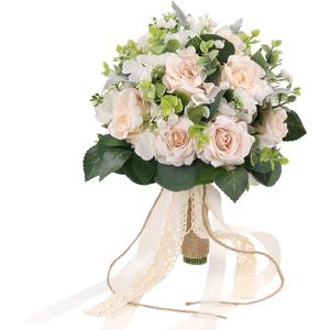 Zheart Wedding Bouquets for Bride Bridesmaid - 10" White Champagne Bridal Bouquet Artificial Roses for Wedding Church Decoration (10 inches)