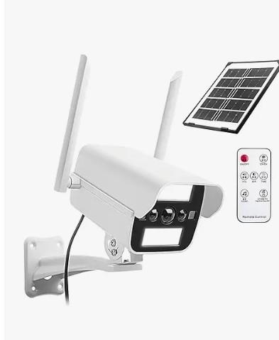 Solar Fake Security Camera with Motion Sensor Light & Audio& Sound& Doorbell for Outdoor, Decoy Simulated Dummy Surveillance Cameras for Outside, IP54, Warning Sticker Included (Solar+ Battery)