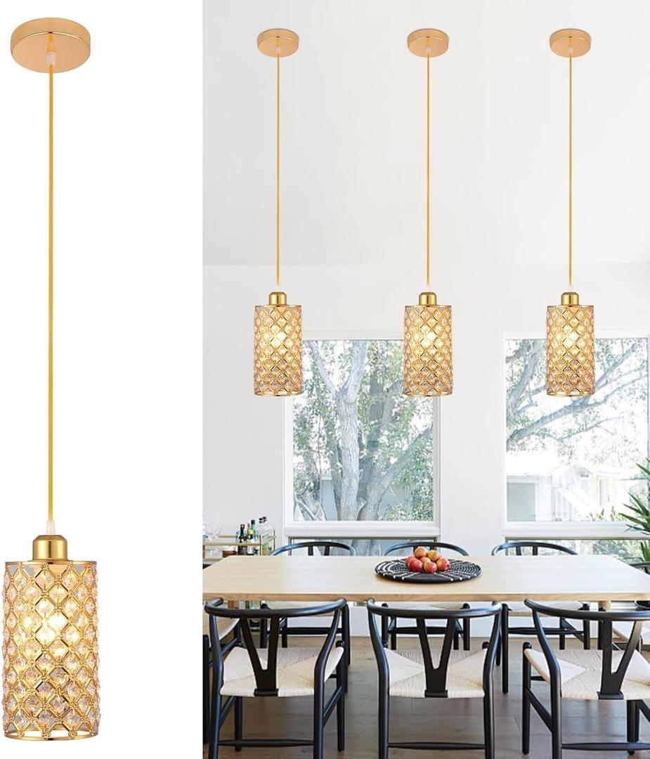 Mini Crystal Pendant Light, Gold Hanging Light Fixture for Kitchen Island, Hallway, Entryway, Dining Room or Bedroom, Adjustable Height 16-39.4", E26 Base, 1-Light, Hardwired, Bulb Not Included