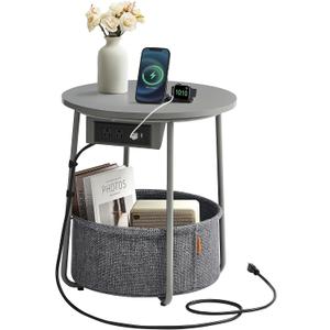 VASAGLE LILEA Collection - Side Table with Charging Station, Round End Table with Fabric Basket, Nightstand with USB Ports, for Living Room, Bedroom, Modern, Dove Gray and Slate Gray ULET228G01