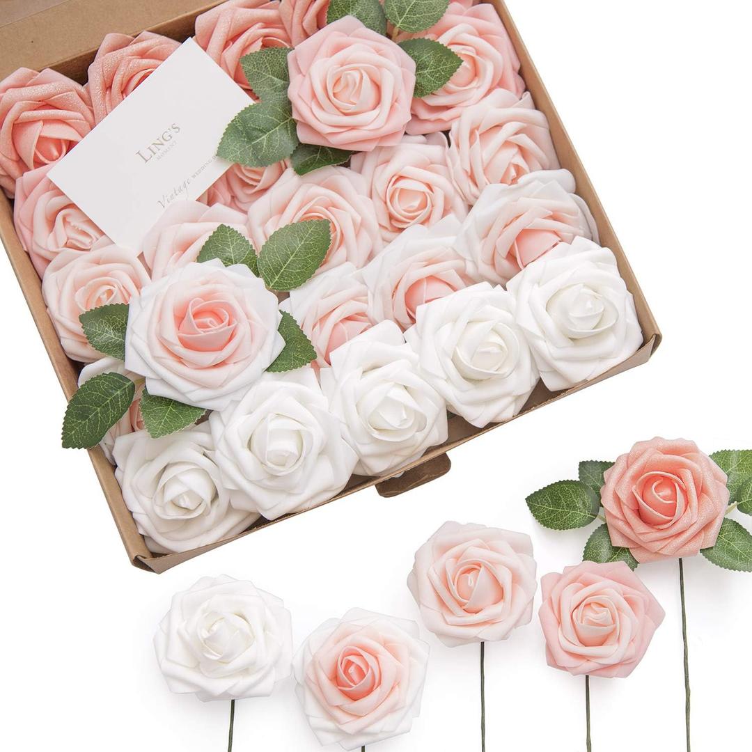 Ling's moment Artificial Flowers, 25Pcs 3" Roses in Shimmer Peach Shades, Realistic DIY Foam Floral Fill for Wedding Bouquets/Centerpieces, Outdoor Party Backdrops, Room/Table, Garden/Pot Decorations (Shades of Pink)