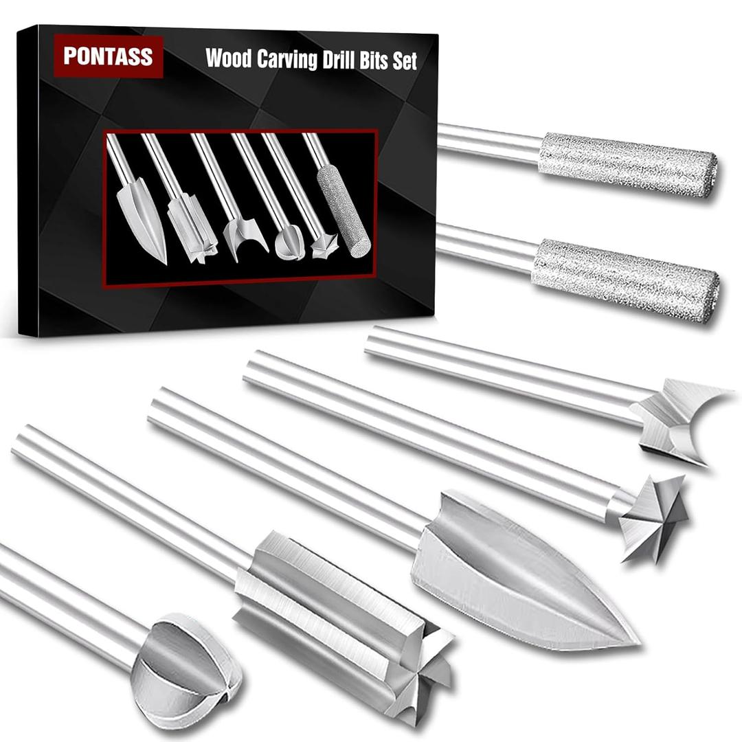 Wood Carving Drill Bits Set Compatible with Dremel Rotary Tool 7 Pcs Engraving Drill Accessories Bit Wood Crafts Grinding Woodworking Tool with 1/8 Shank for DIY Carving Drilling Micro Sculpture