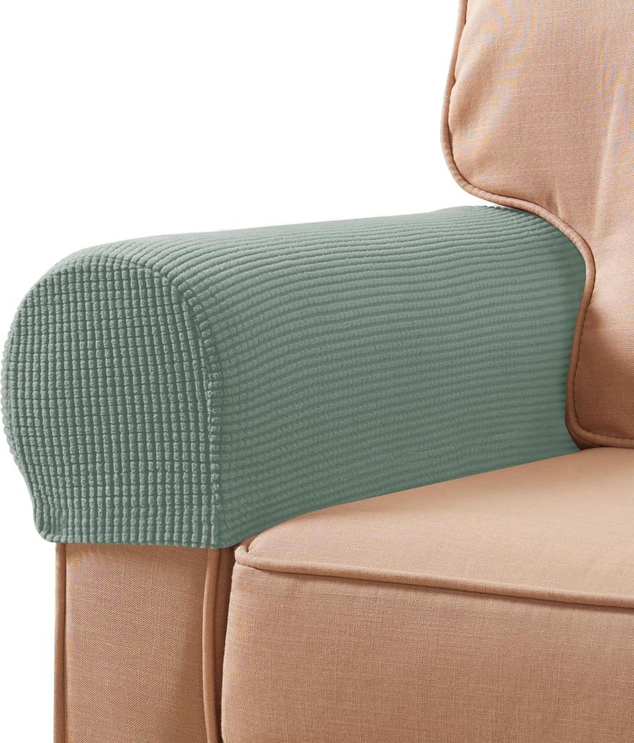 SUBRTEX Stretch Couch Arm Covers Set of 2, Checkered Sofa Arm Slipcovers, Anti-Slip Armrest Covers for Recliner and Armchairs, Pet Proof, High Stretchy, Hook & Loop Tape, Olive Green